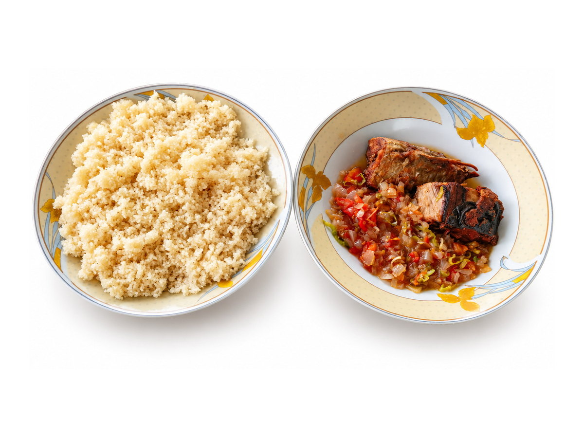 Assiette d’attiéké et poisson grillé, plat traditionnel ivoirien