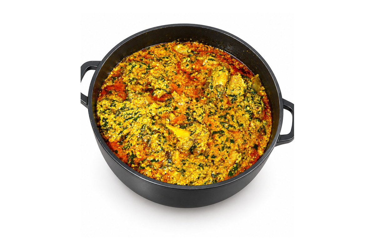Soupe nigériane egusi aux graines de melon, servie avec fufu